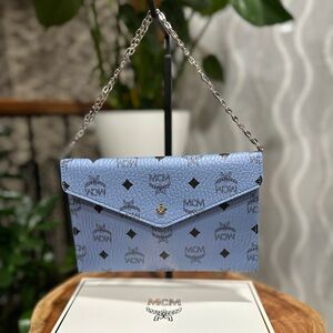 MCM Blue Visetos Envelope Clutch Wallet COA Chain Strap Crossbody GWP